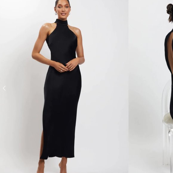 Meshki- CLAIRE Satin Drape Back Maxi Dress with Split - Black - Picture 2 of 3